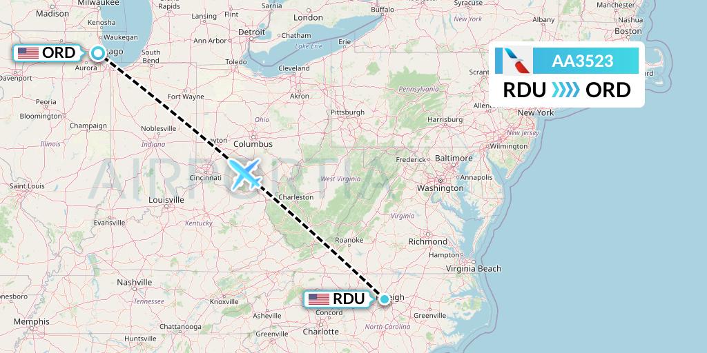 AA3523 American Airlines Flight Map: Raleigh-Durham to Chicago