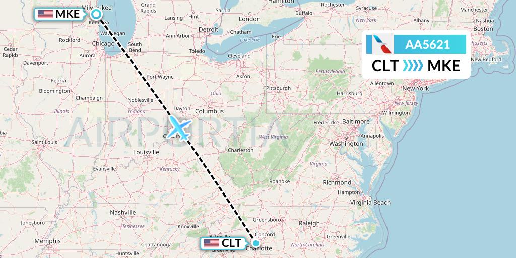 AA5621 American Airlines Flight Map: Charlotte to Milwaukee