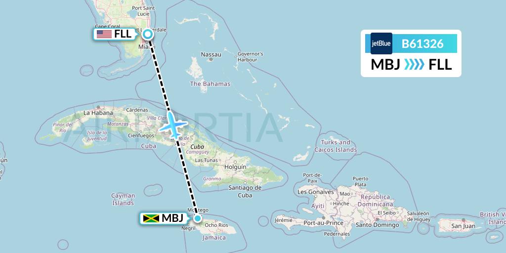 B61326 JetBlue Airways Flight Map: Montego Bay to Fort Lauderdale