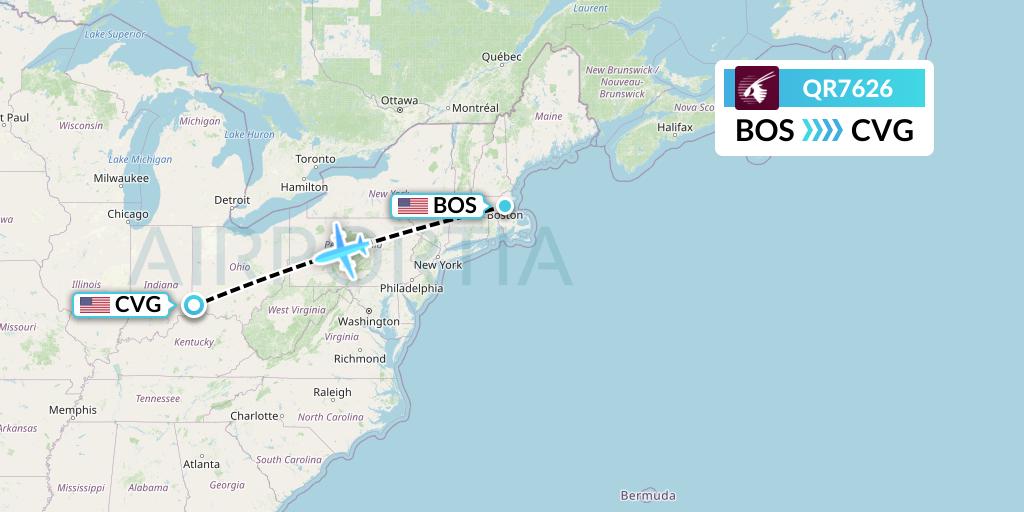 QR7626 Qatar Airways Flight Map: Boston to Cincinnati
