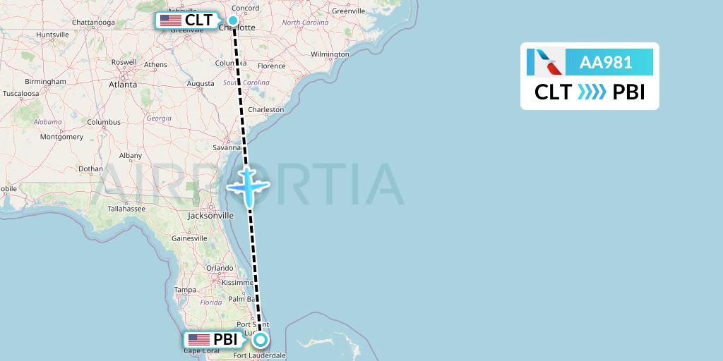 AA981 American Airlines Flight Map: Charlotte to West Palm Beach