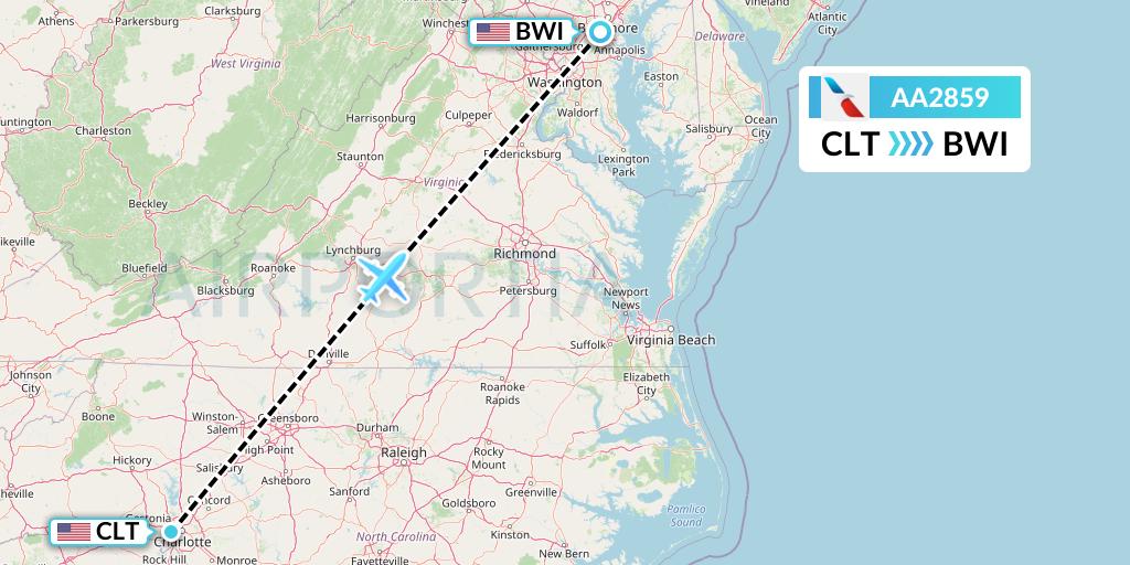 AA2859 American Airlines Flight Map: Charlotte to Baltimore