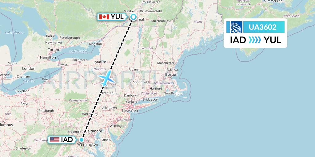 UA3602 United Airlines Flight Map: Washington to Montreal