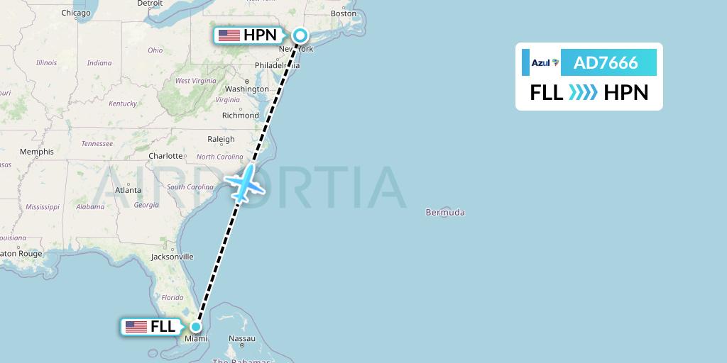AD7666 Azul Brazilian Airlines Flight Map: Fort Lauderdale to White Plains