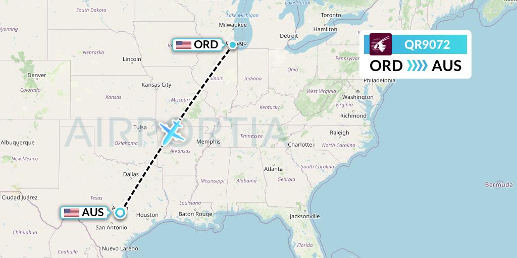 QR9072 Qatar Airways Flight Map: Chicago to Austin