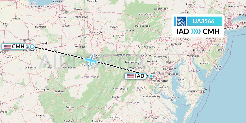 UA3566 United Airlines Flight Map: Washington to Columbus