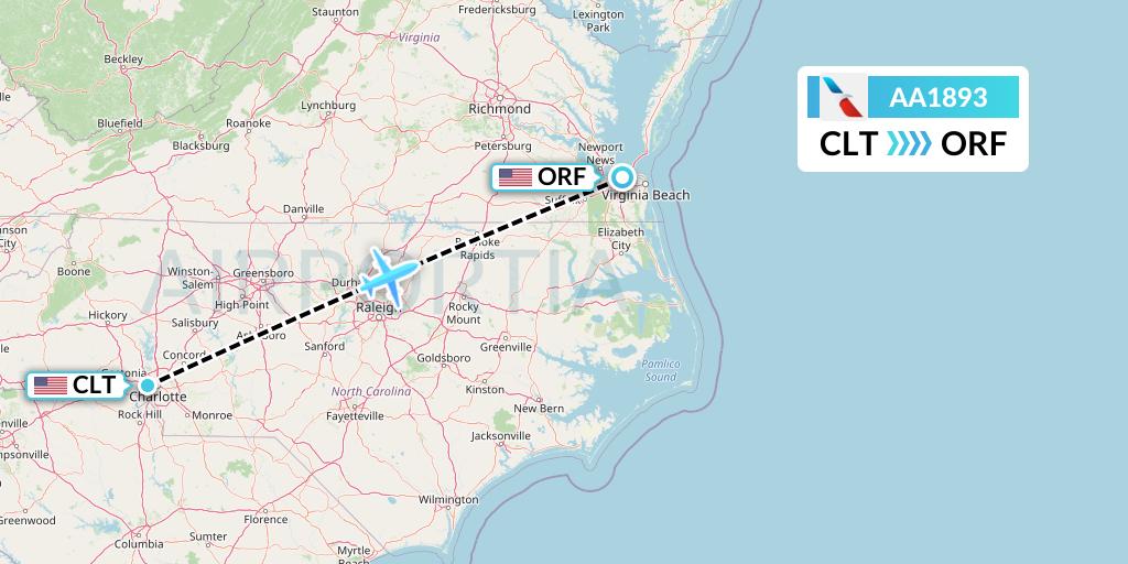 AA1893 American Airlines Flight Map: Charlotte to Norfolk