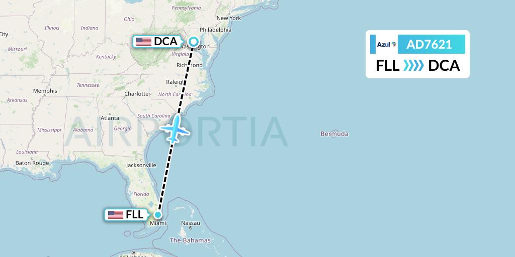 AD7621 Azul Brazilian Airlines Flight Map: Fort Lauderdale to Washington