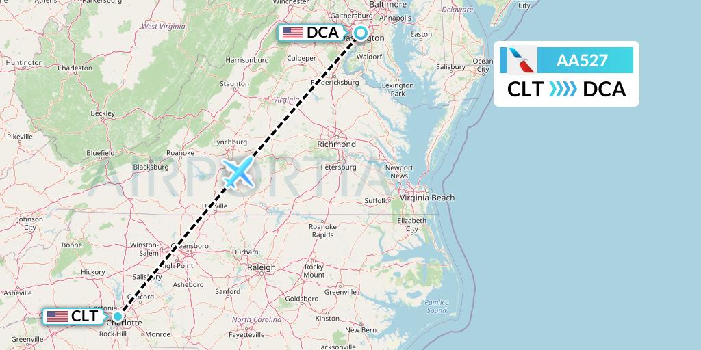 AA527 American Airlines Flight Map: Charlotte to Washington