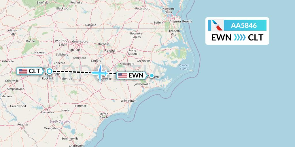AA5846 American Airlines Flight Map: New Bern to Charlotte