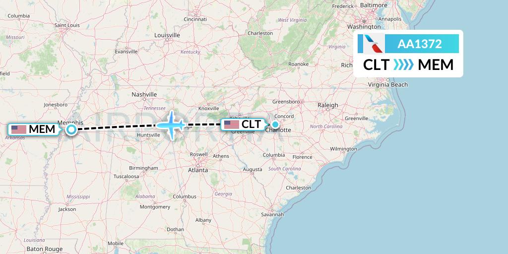 AA1372 American Airlines Flight Map: Charlotte to Memphis