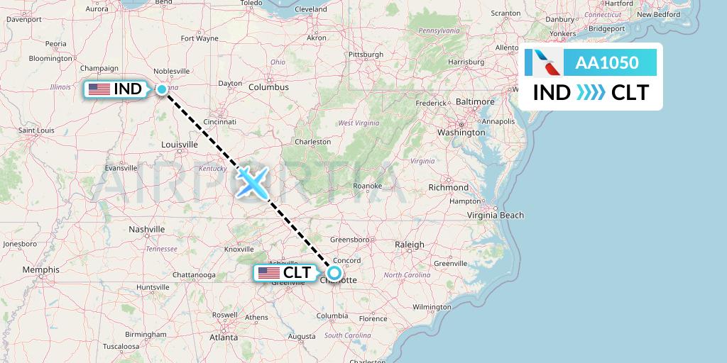AA1050 American Airlines Flight Map: Indianapolis to Charlotte