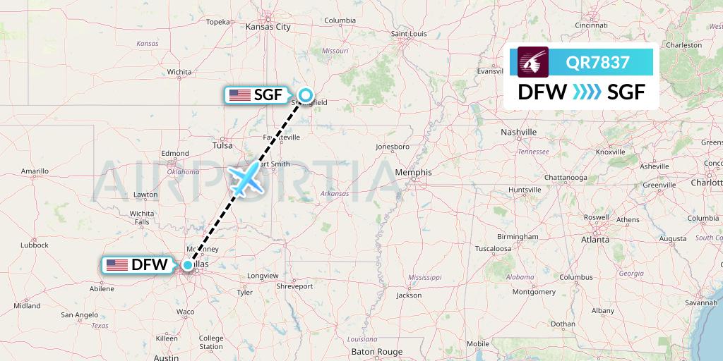 QR7837 Qatar Airways Flight Map: Dallas to Springfield