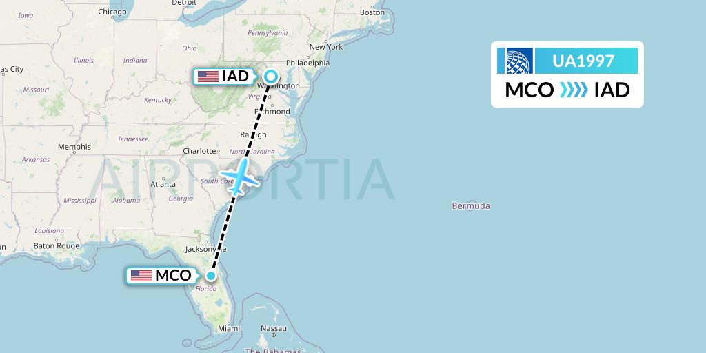 UA1997 United Airlines Flight Map: Orlando to Washington