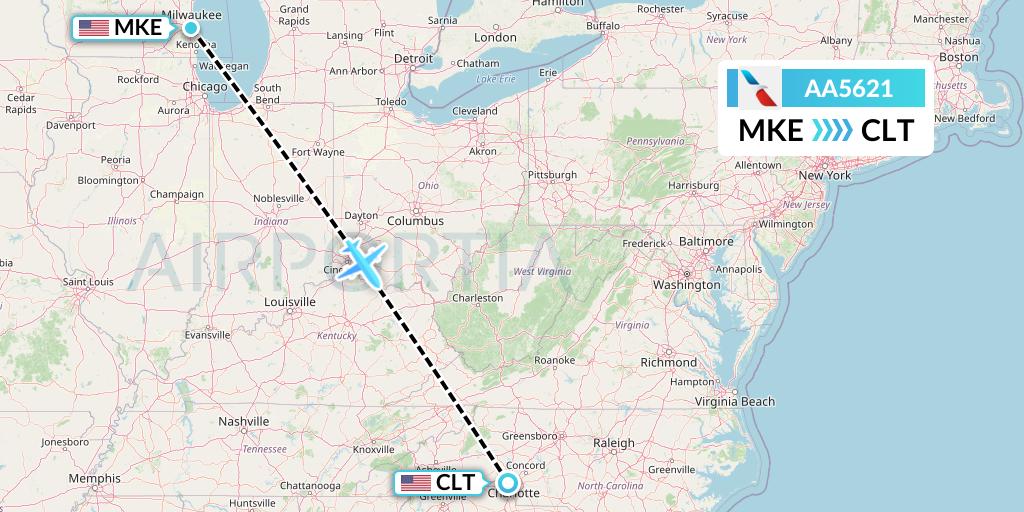 AA5621 American Airlines Flight Map: Milwaukee to Charlotte