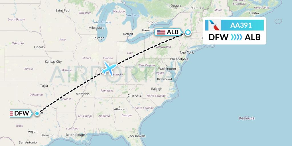 AA391 American Airlines Flight Map: Dallas to Albany