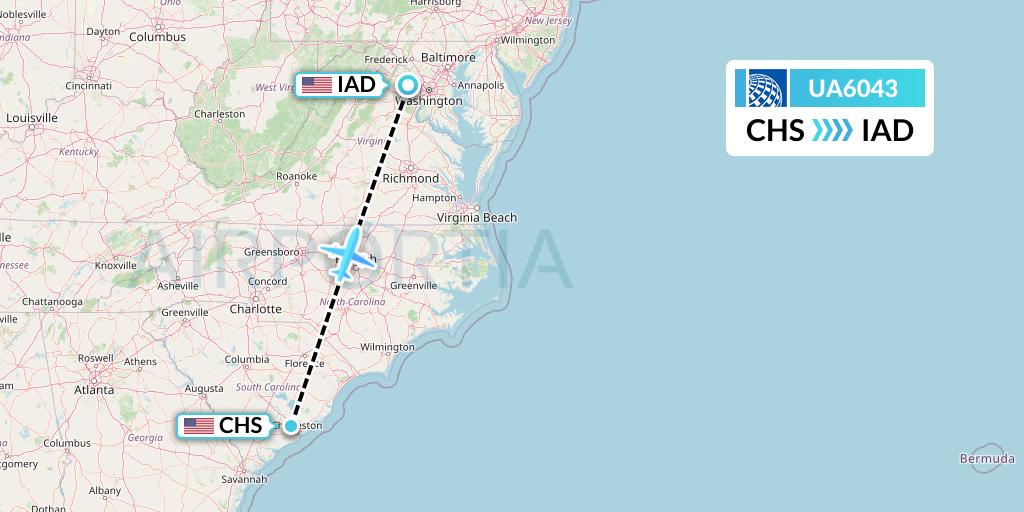 UA6043 United Airlines Flight Map: Charleston to Washington