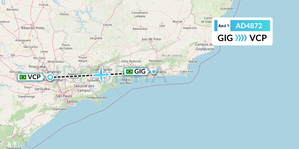 AD4872 Azul Brazilian Airlines Flight Map: Rio de Janeiro to Campinas