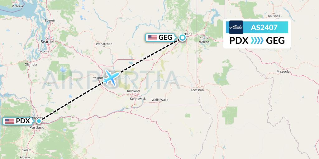 AS2407 Alaska Airlines Flight Map: Portland to Spokane