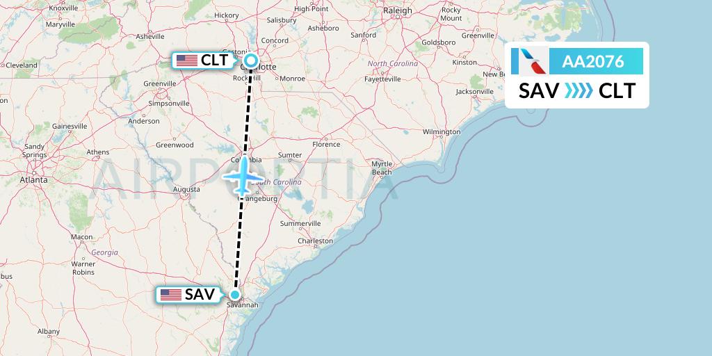 AA2076 American Airlines Flight Map: Savannah to Charlotte