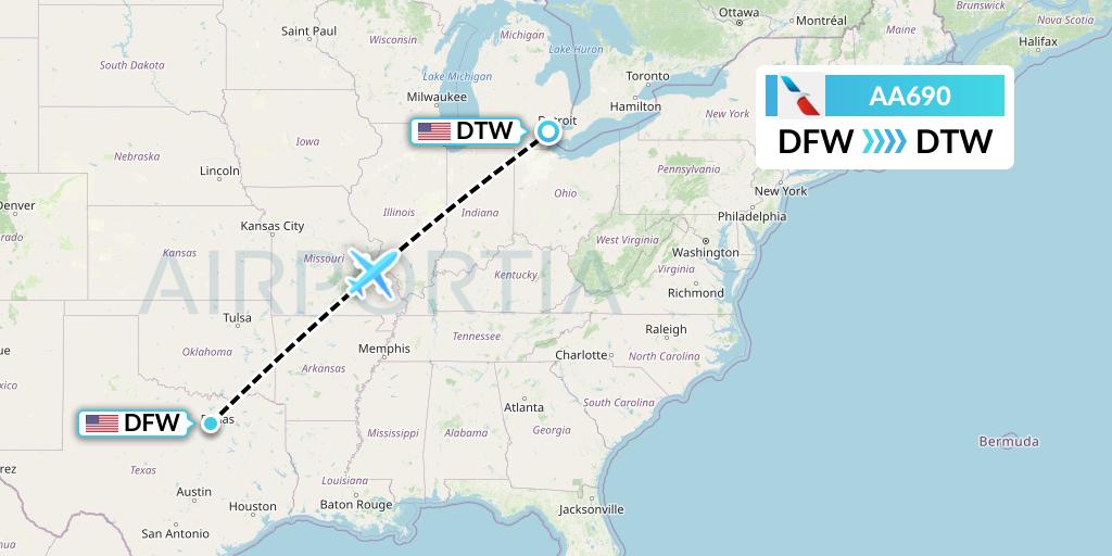 AA690 American Airlines Flight Map: Dallas to Detroit