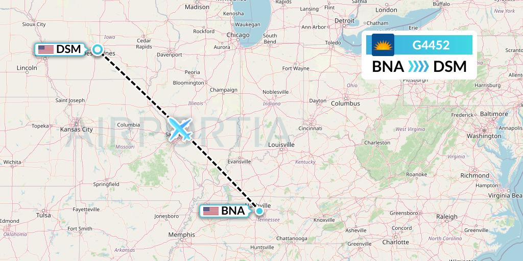 G4452 Allegiant Air Flight Map: Nashville to Des Moines