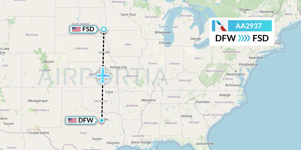 AA2937 American Airlines Flight Map: Dallas to Sioux Falls