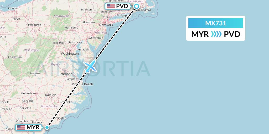 MX731 Breeze Airways Flight Map: Myrtle Beach to Providence