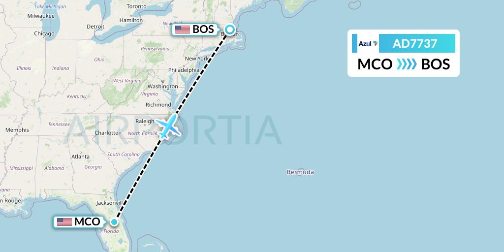 AD7737 Azul Brazilian Airlines Flight Map: Orlando to Boston