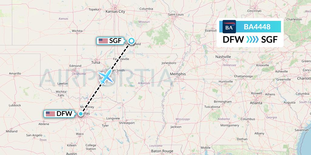 BA4448 British Airways Flight Map: Dallas to Springfield