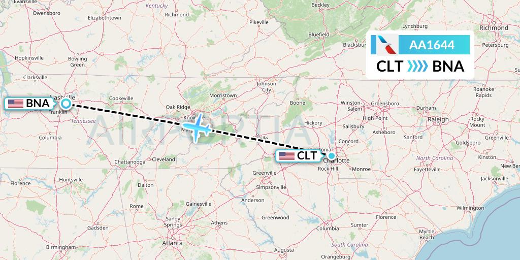 AA1644 American Airlines Flight Map: Charlotte to Nashville