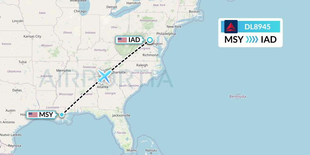 DL8945 Delta Air Lines Flight Map: New Orleans to Washington