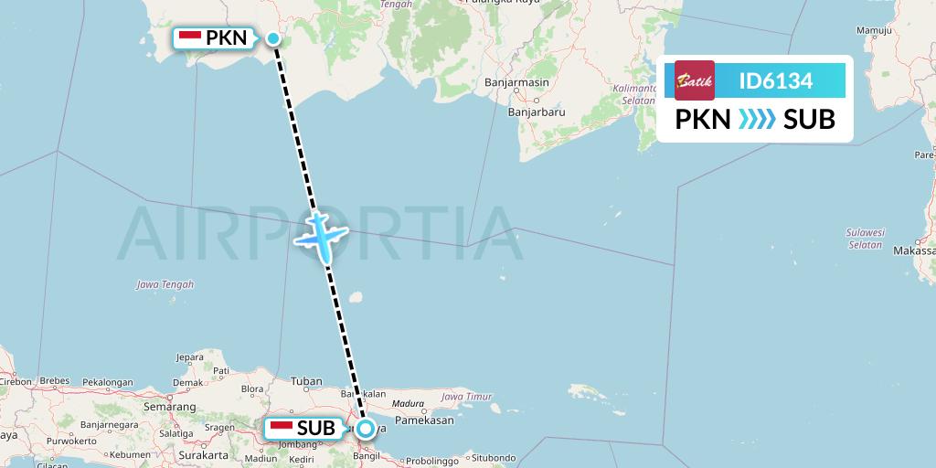 ID6134 Batik Air Flight Map: Pangkalan Bun to Surabaya