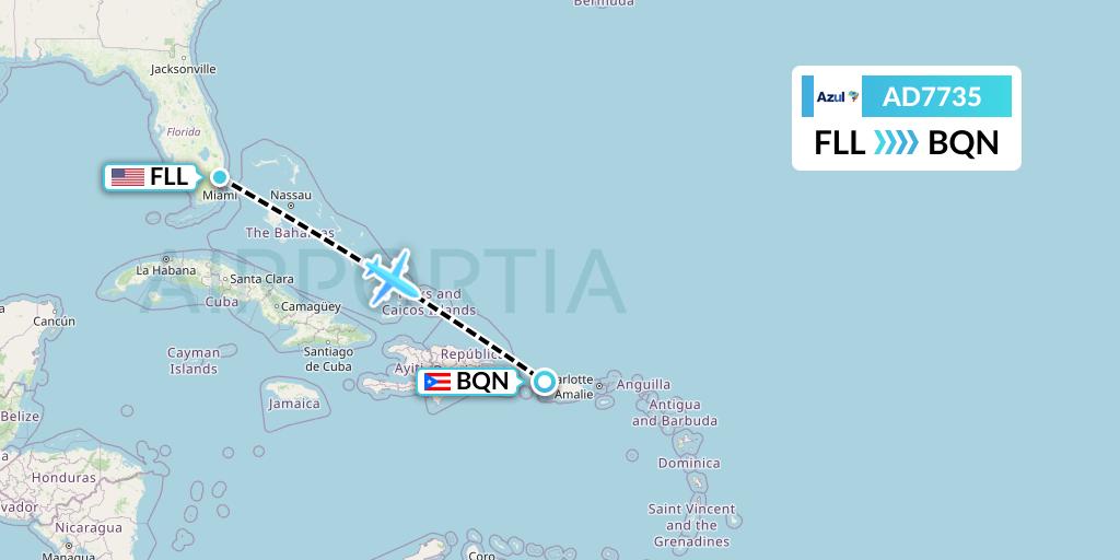 AD7735 Azul Brazilian Airlines Flight Map: Fort Lauderdale to Aguadilla