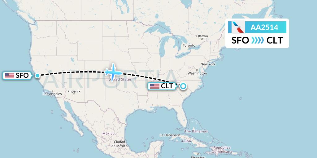 AA2514 American Airlines Flight Map: San Francisco to Charlotte