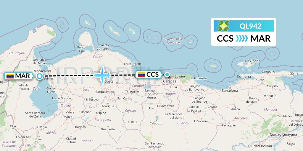 QL942 Laser Airlines Flight Map: Caracas to Maracaibo
