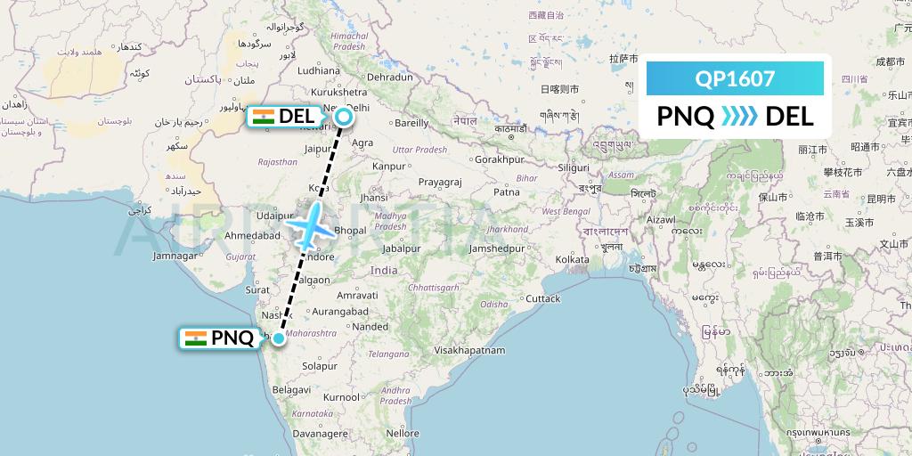 QP1607 Akasa Air Flight Map: Pune to Delhi