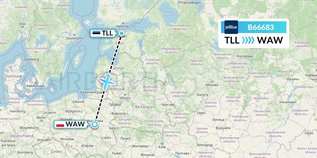 B66683 JetBlue Airways Flight Map: Tallinn to Warsaw