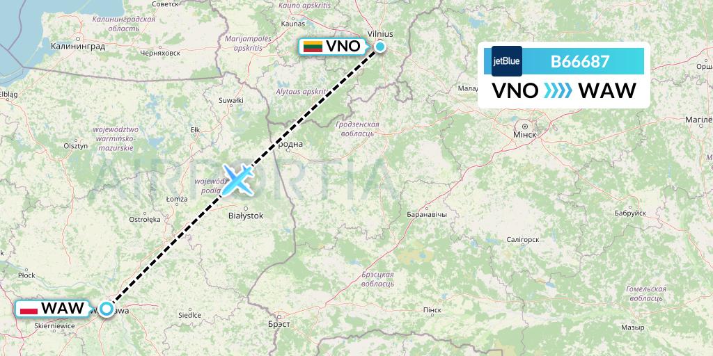 B66687 JetBlue Airways Flight Map: Vilnius to Warsaw