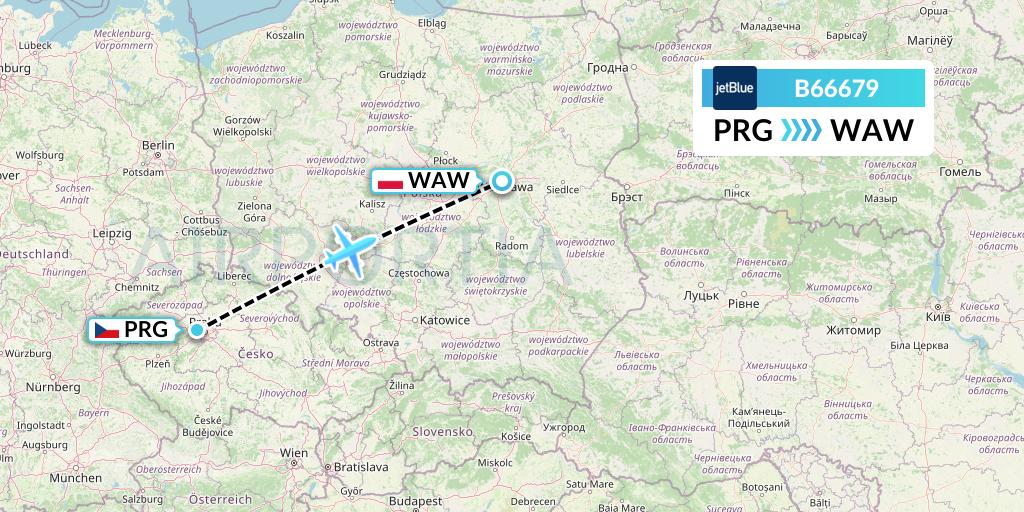 B66679 JetBlue Airways Flight Map: Prague to Warsaw