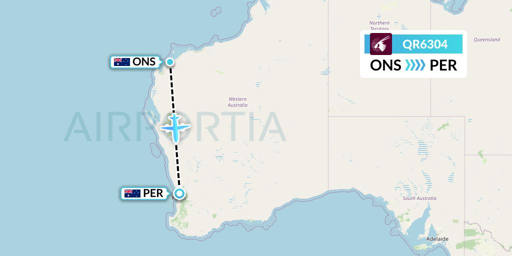 QR6304 Qatar Airways Flight Map: Onslow to Perth