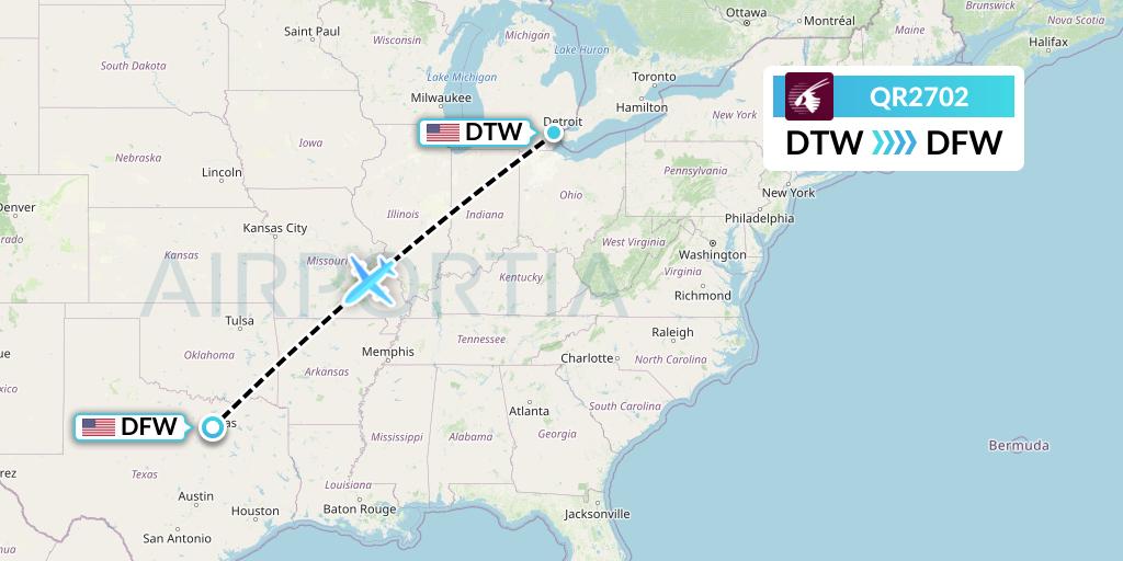 QR2702 Qatar Airways Flight Map: Detroit to Dallas