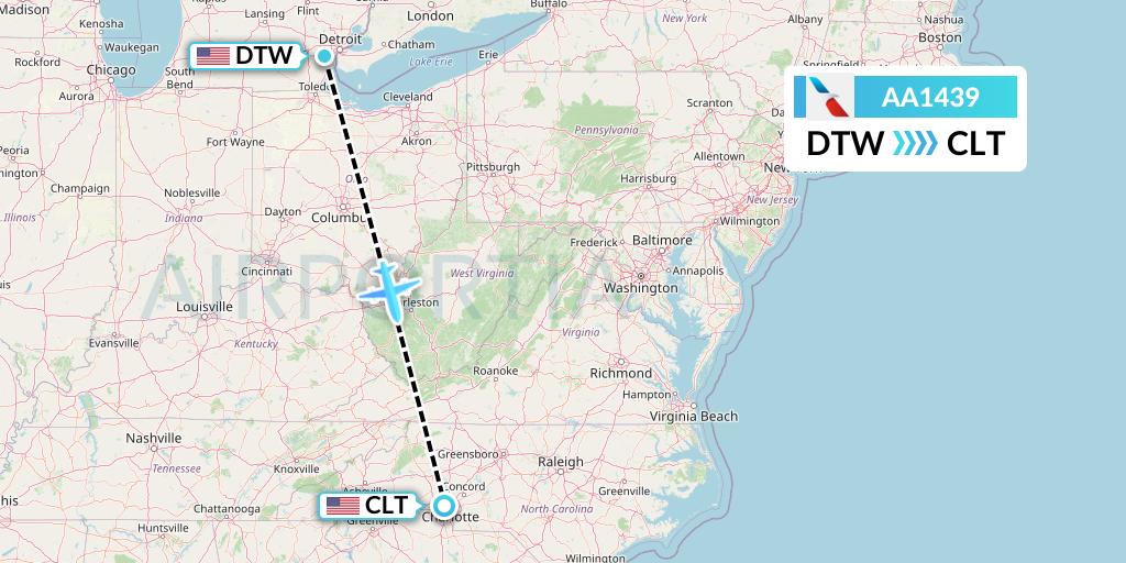 AA1439 American Airlines Flight Map: Detroit to Charlotte