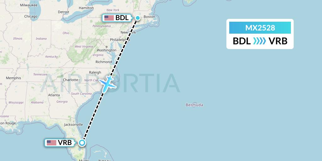 MX2528 Breeze Airways Flight Map: Windsor Locks to Vero Beach