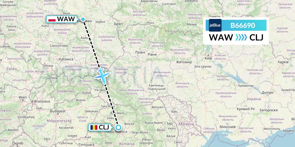 B66690 JetBlue Airways Flight Map: Warsaw to Cluj-Napoca