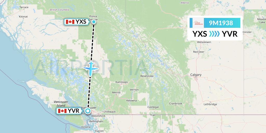 9M1938 Central Mountain Air Flight Map: Prince George to Vancouver
