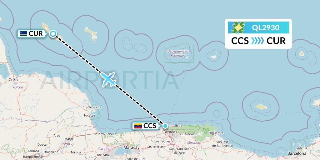 QL2930 Laser Airlines Flight Map: Caracas to Willemstad