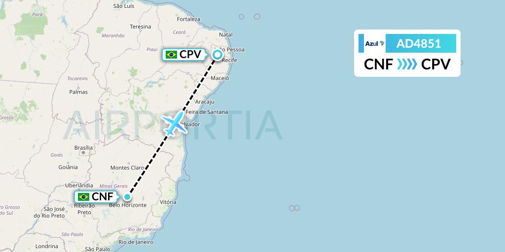 AD4851 Azul Brazilian Airlines Flight Map: Belo Horizonte to Campina Grande