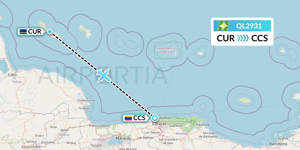 QL2931 Laser Airlines Flight Map: Willemstad to Caracas
