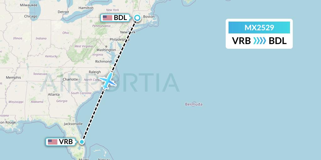 MX2529 Breeze Airways Flight Map: Vero Beach to Windsor Locks